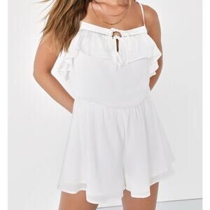 Lulus Large Meant to Be Satin Romper Ruffled Adjustable Spaghetti Straps Lined